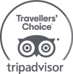 This image is a logo featuring the words "Travelers' Choice" and "Tripadvisor" with an owl-like icon in the center, indicating an award.