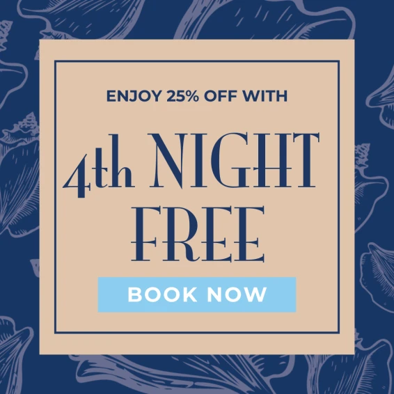 Advertisement for a 25% discount featuring a free fourth night and a "Book Now" button, with a floral blue background.