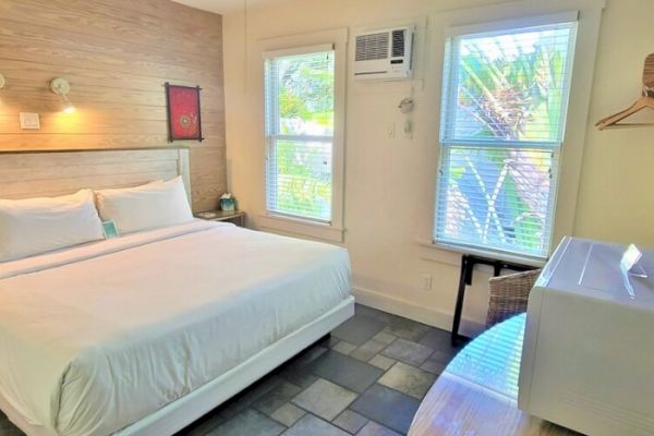 The image shows a bright hotel room with a king-sized bed, two windows, an air conditioner, and a small fridge. The decor is minimalistic.