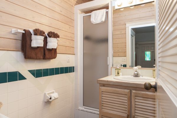 The image shows a bathroom with a shower, sink, wooden walls, towels, and a mirror. Brown and green accents are present in the decor.