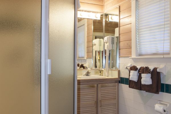 A bathroom features a frosted glass shower, wooden walls, a mirror above a sink, and a toilet with towel racks on the wall.