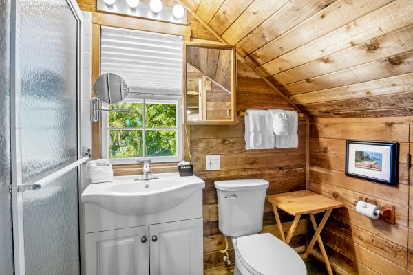 A cozy bathroom with wood-paneling, shower, sink, toilet, mirror, towels on a shelf, and wall art under bright lights.