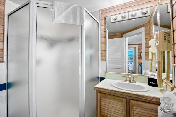 The image shows a bathroom with a frosted glass shower, sink with a mirror, lights above, and wooden cabinets below.