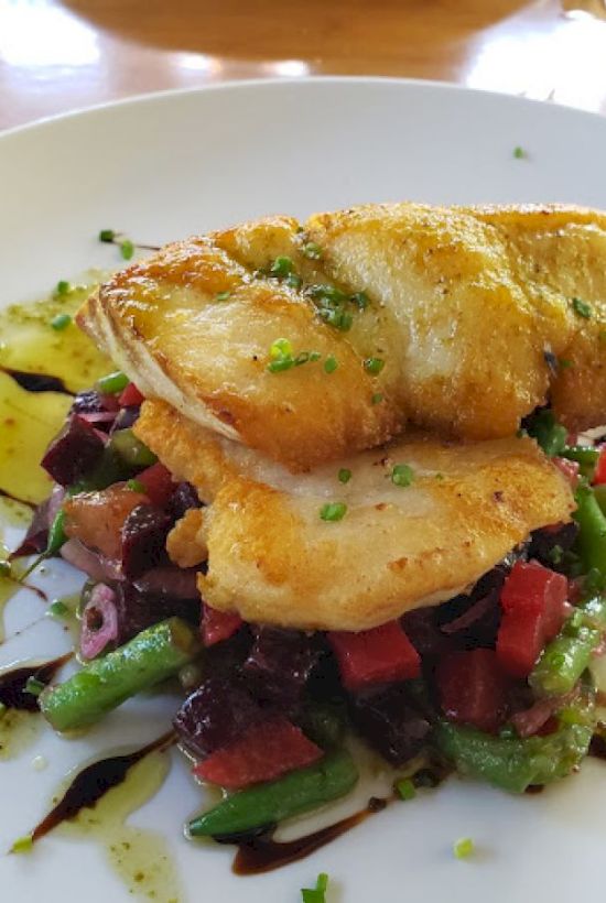 A plated dish featuring pan-seared fish on a bed of vegetables with a drizzle of sauce garnished with fresh herbs, presented elegantly.