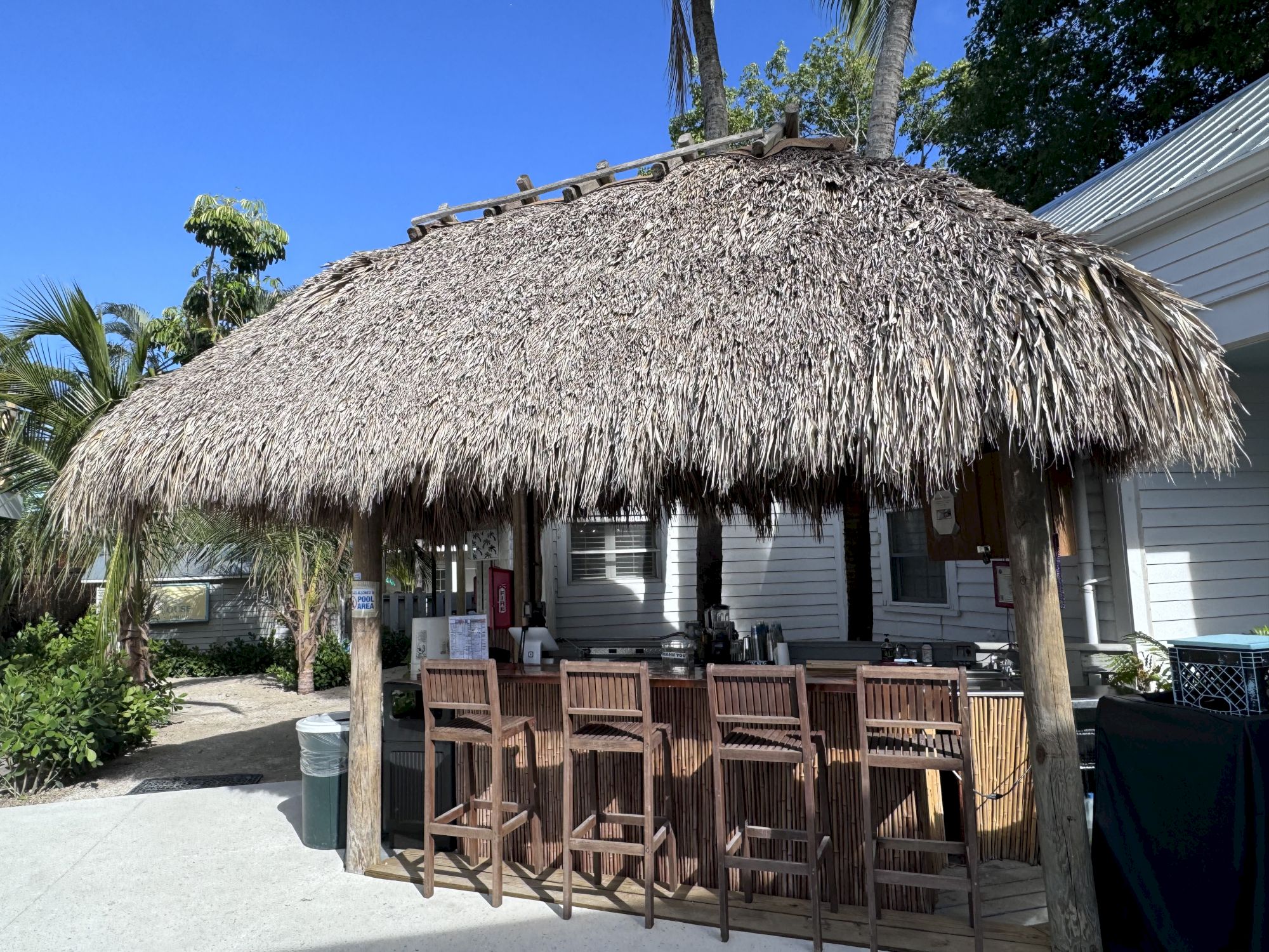 A tiki bar with a thatched roof and wooden stools is set up outdoors in a sunny area, surrounded by palm trees and greenery.