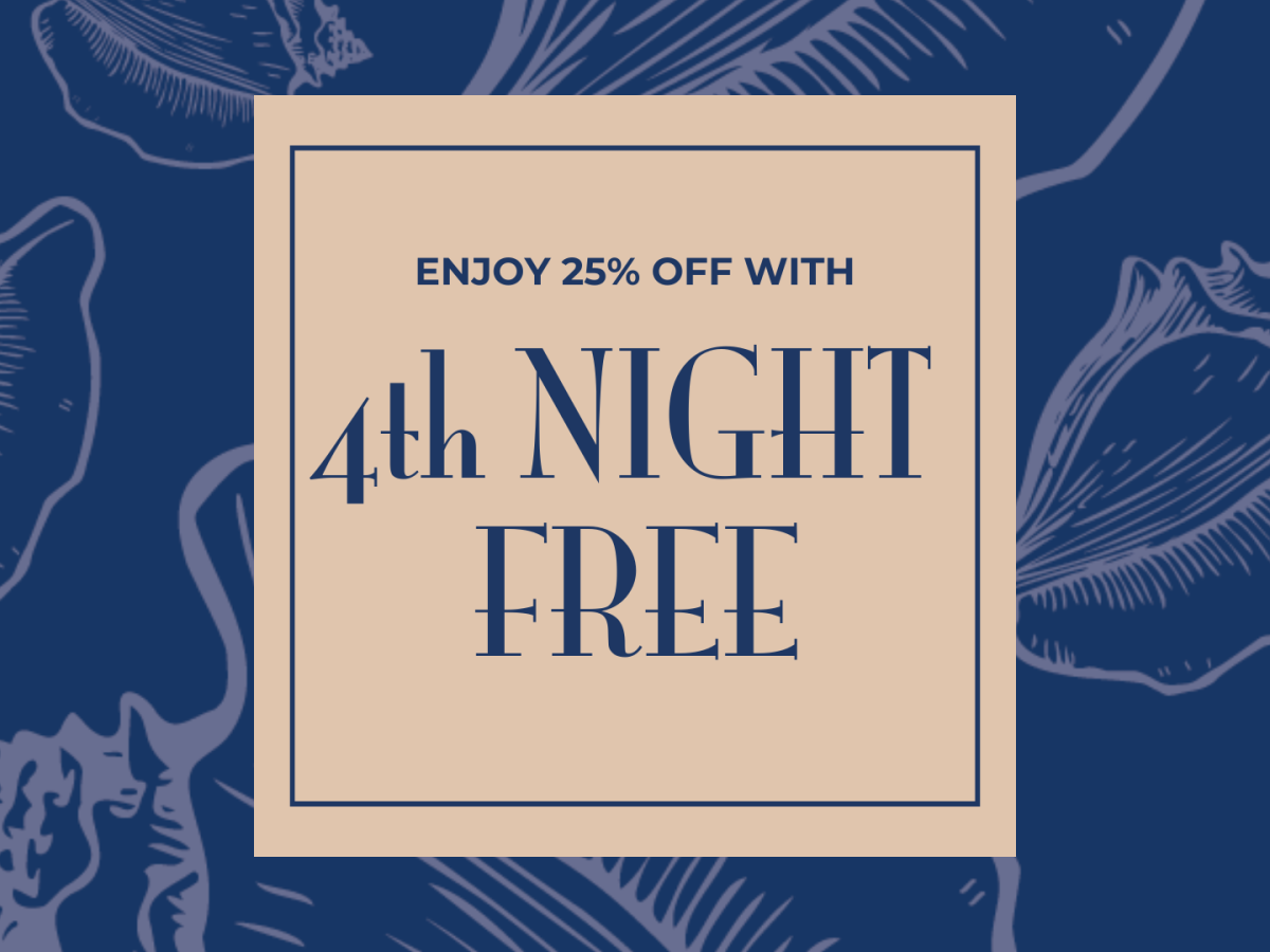 The image offers a 25% discount with the "4th NIGHT FREE" promotion, featuring a seashell background.